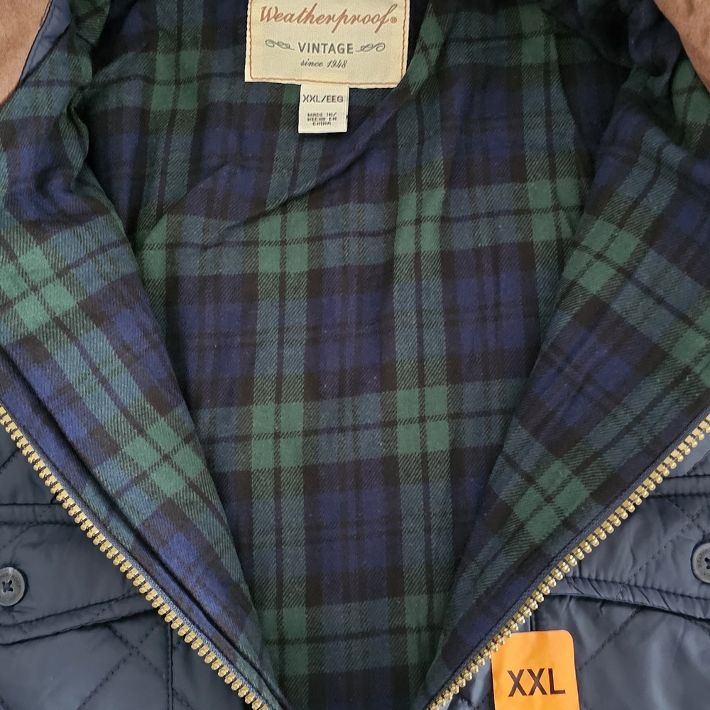 Weatherproof Vintage Men's Blue Puffer Jacket with Green Plaid Lining